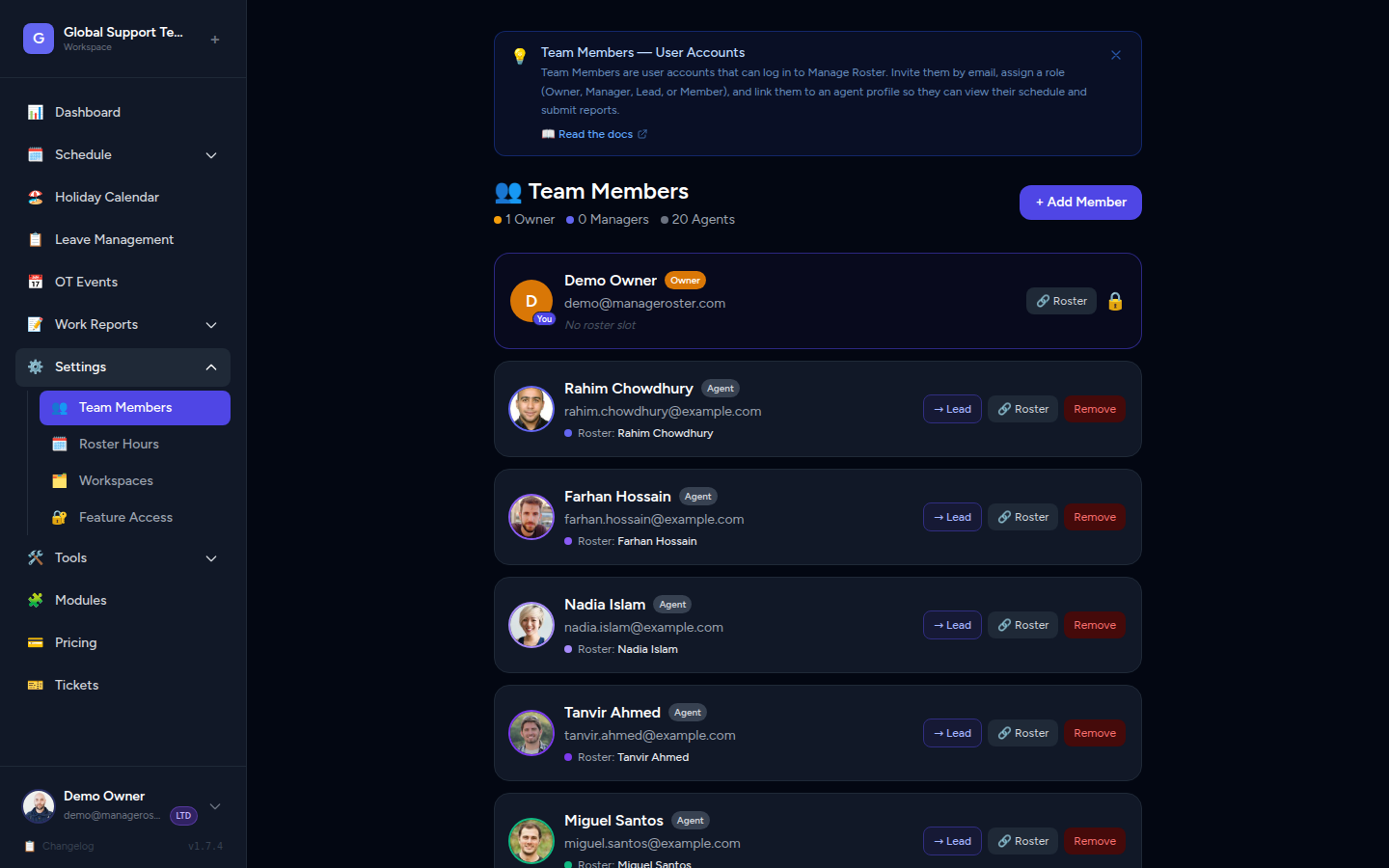 User management page — send email invitations and manage team member access