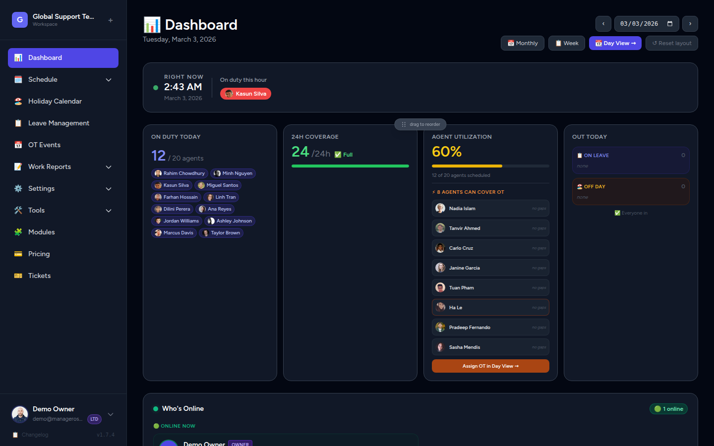 Manage Roster dashboard overview