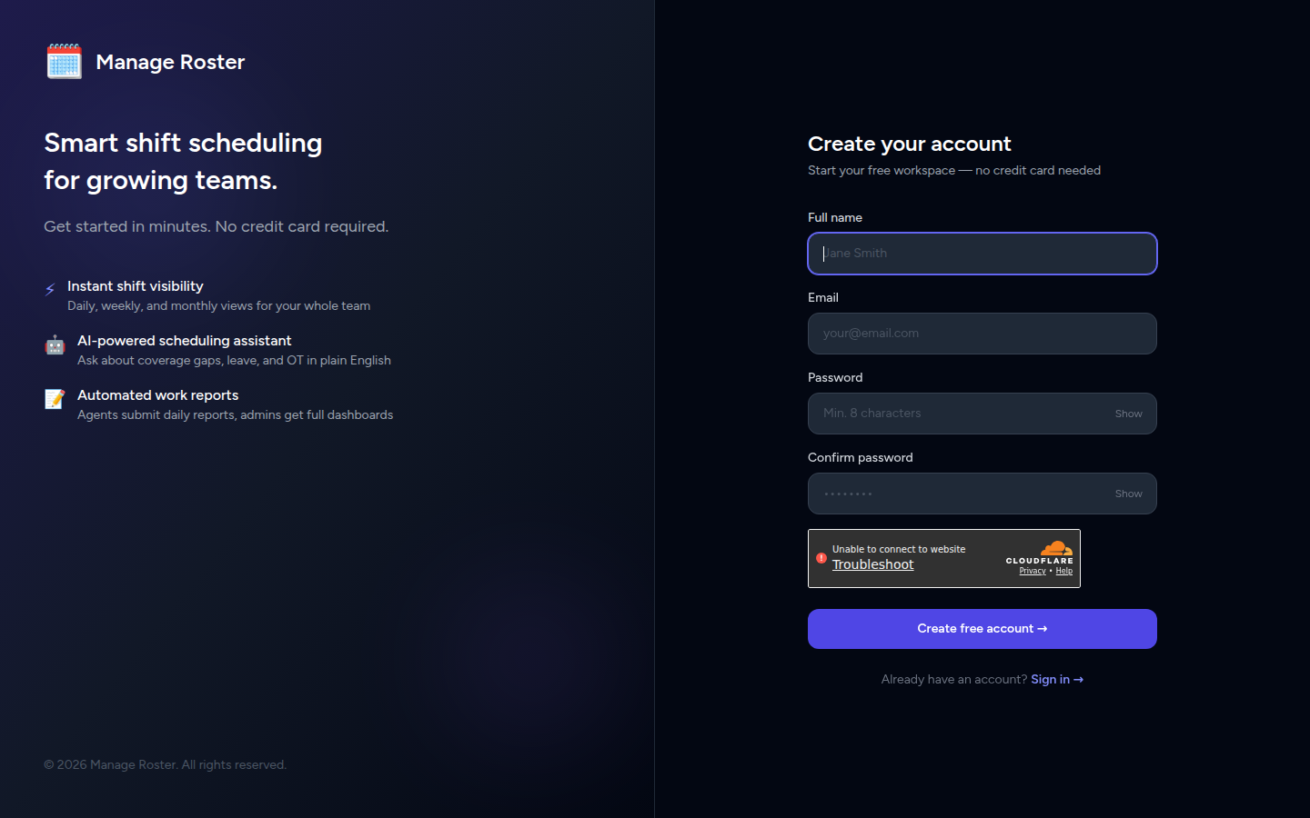 Manage Roster registration page