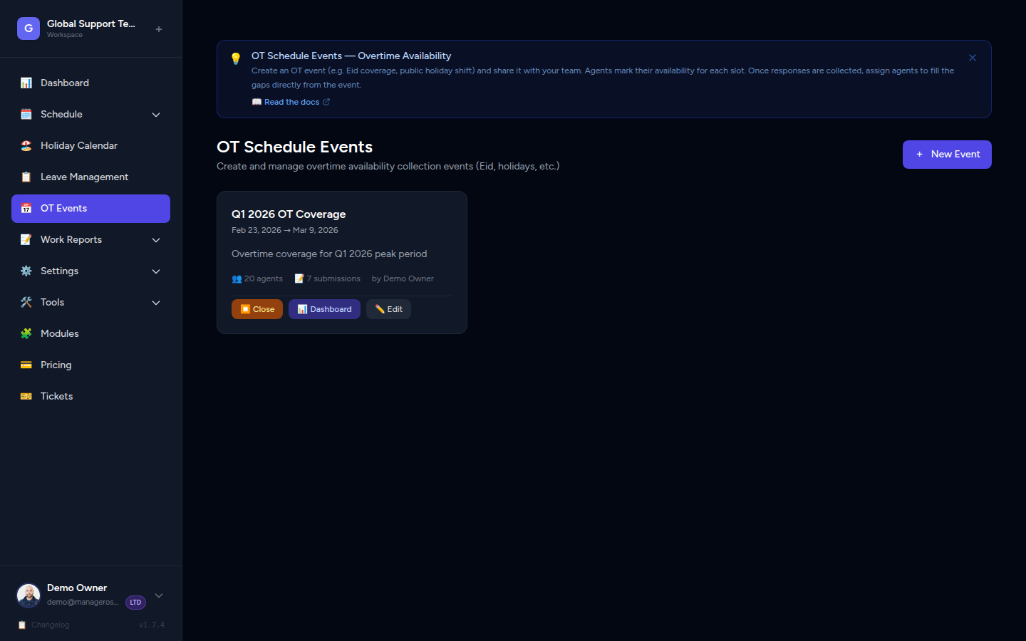 OT Events admin list — all events with status, date range, and action buttons