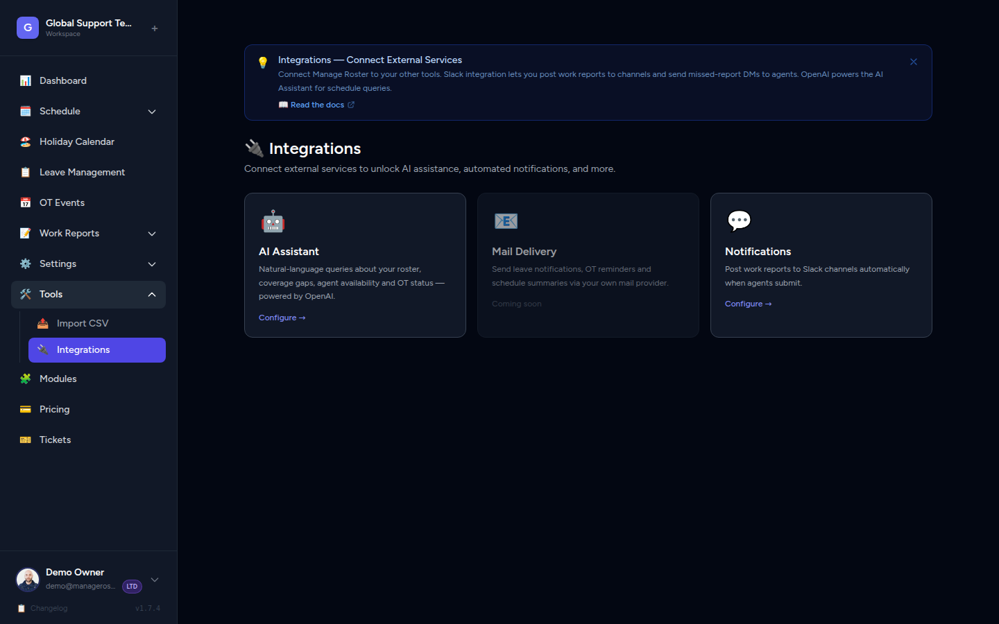 Integrations hub page