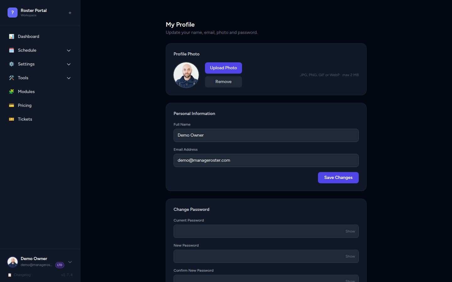 Profile settings page