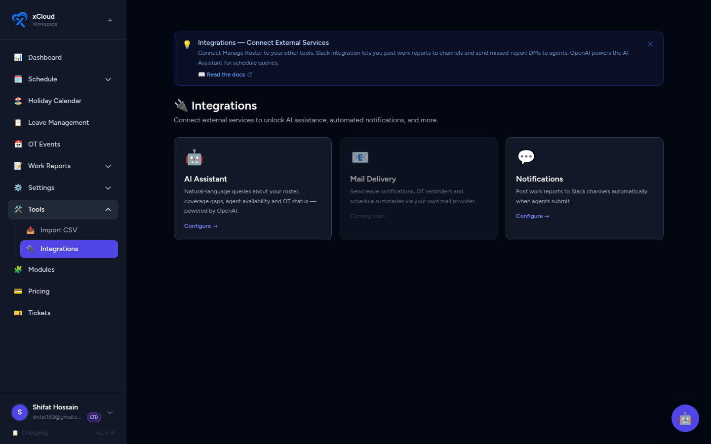 Integrations page showing Slack connection and Alert Notifications configuration card