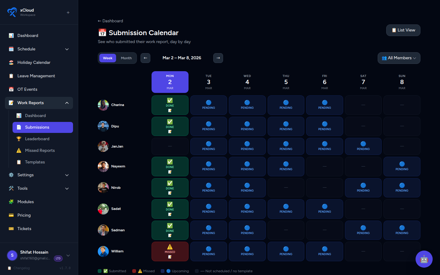 Work Report Calendar View showing a colour-coded agent × date submission grid